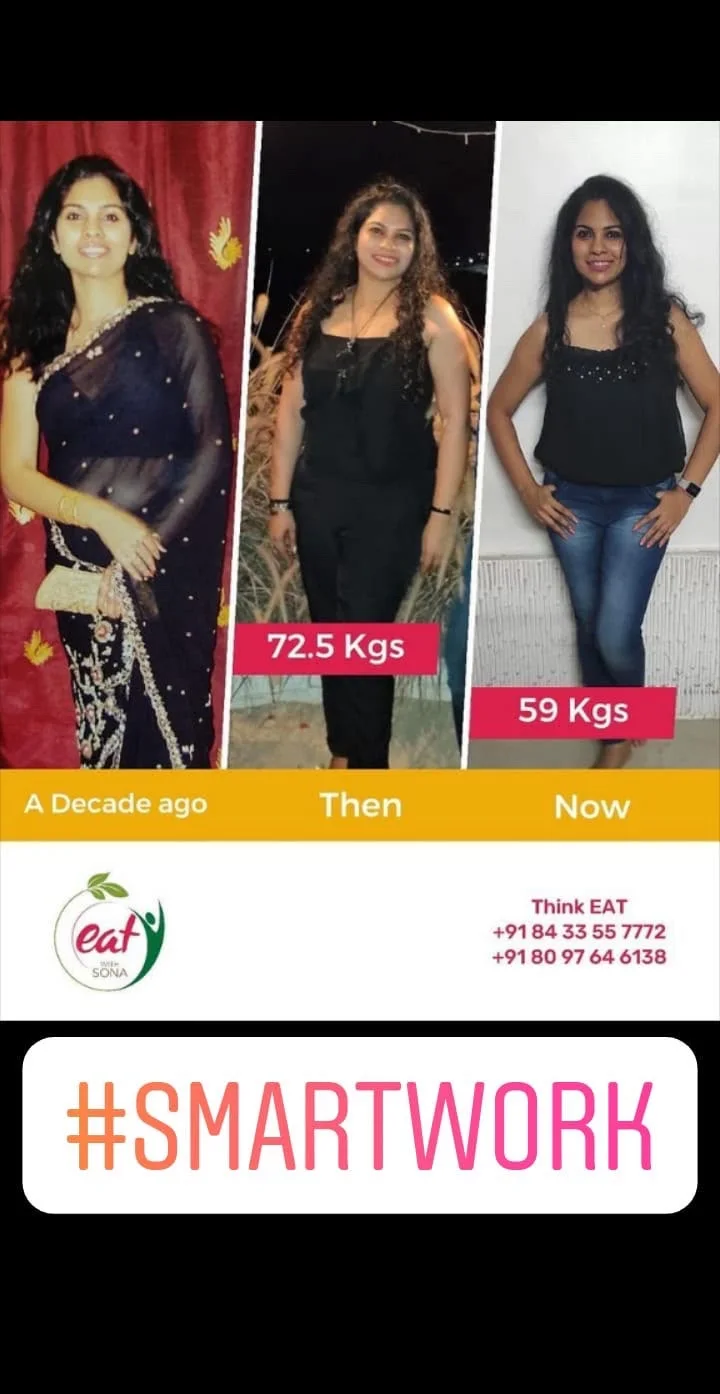 Client transformation showing progress from 72.5 kilograms to 59 kilograms