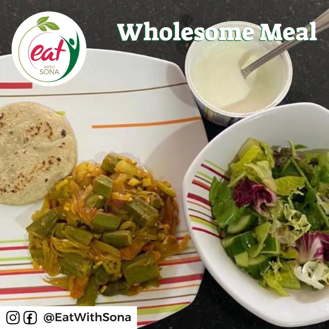 Wholesome Indian meal with vegetables, roti, salad and curd